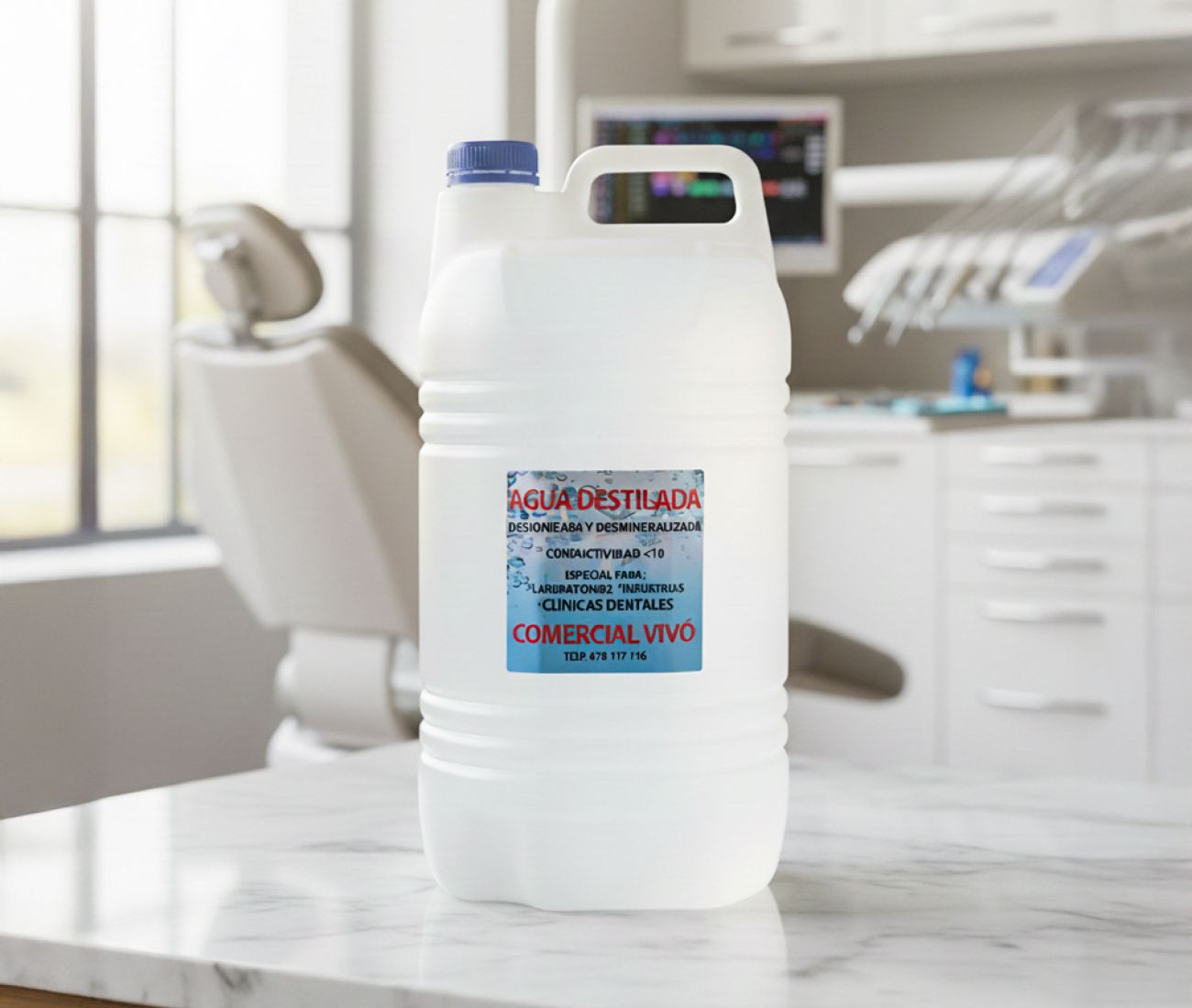 Garrafa de agua destilada sobre encimera de clínica dental
