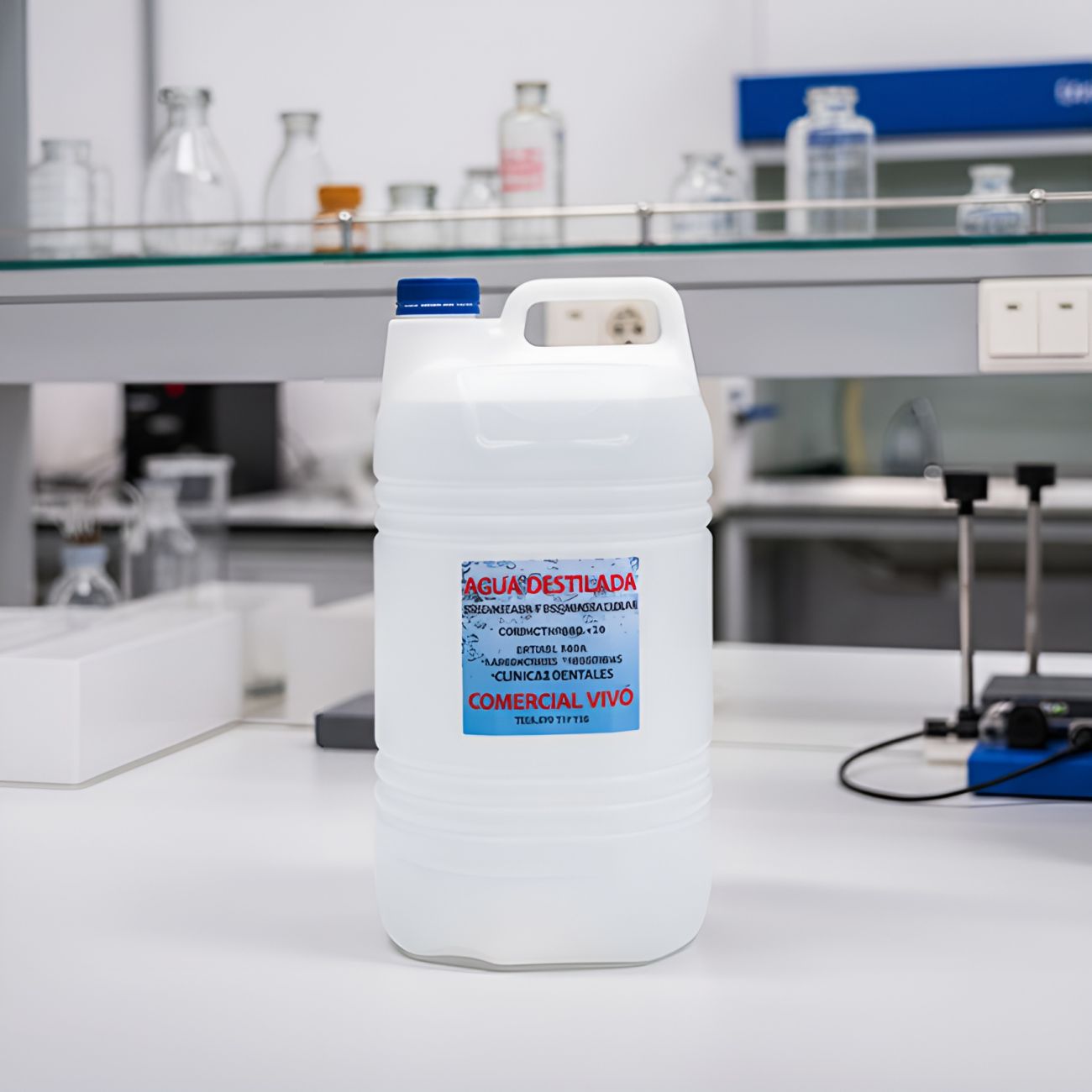 Foto de garrafa de agua destilada Comercial Vivó sobre una encimera