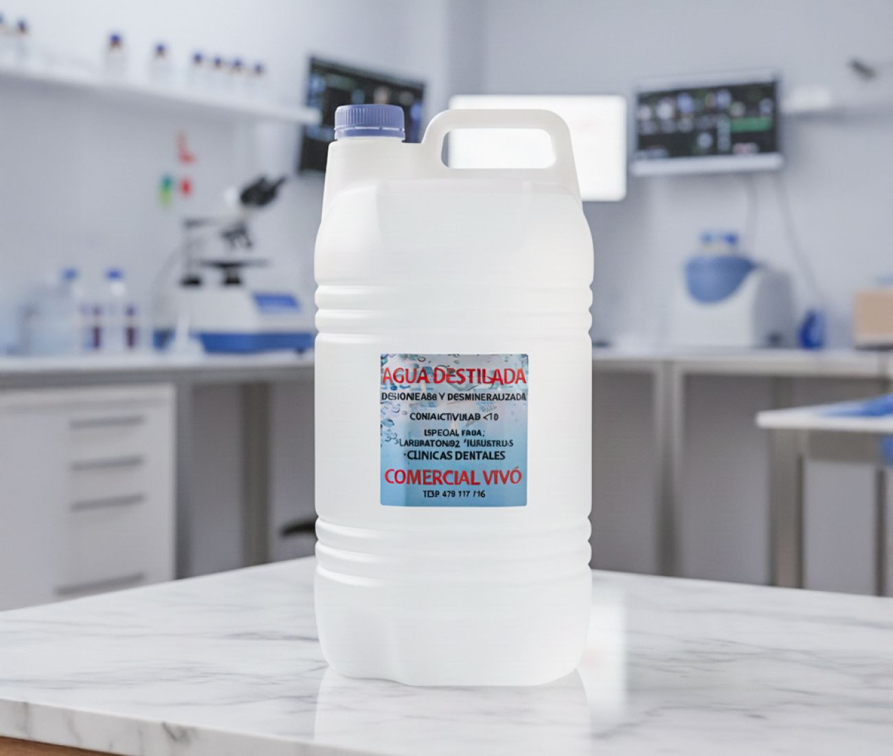 Garrafa de agua destilada sobre encimera de clínica óptica