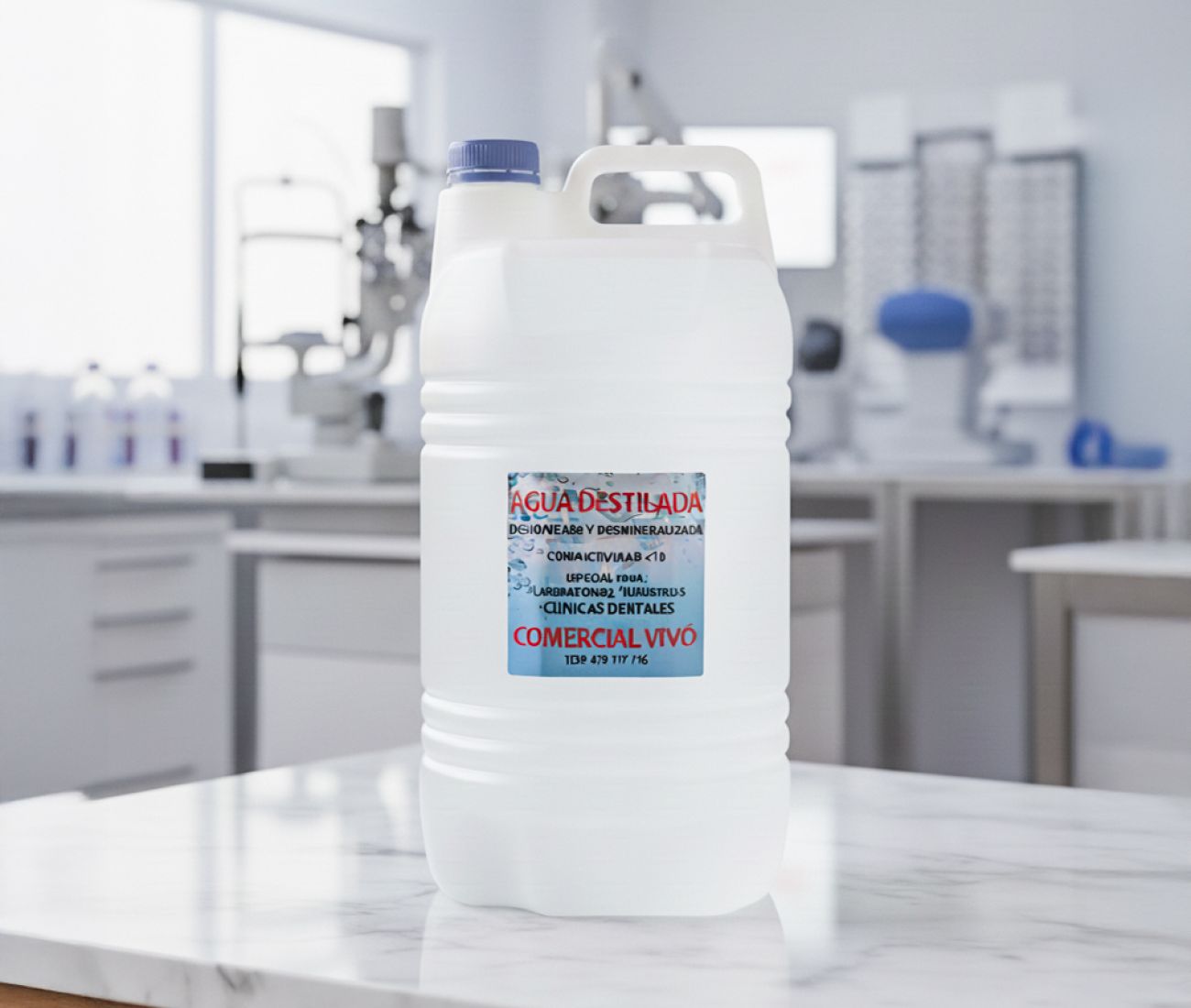 Garrafa de agua destilada sobre encimera de Laboratorio